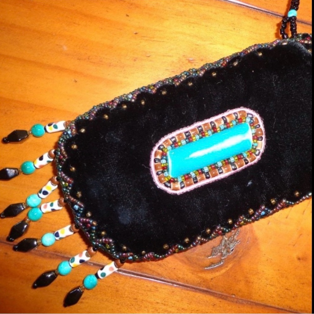 Bag HANDMADE Purse Artisan Turquoise Crossbody Beaded Velvet Black Blue 5” x  3”